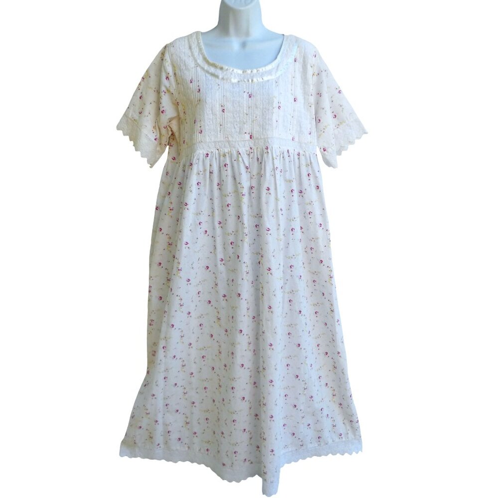 Vintage Nightgown Rosebud Floral Eyelet Lace Cotton Pintuck Satin Pockets L